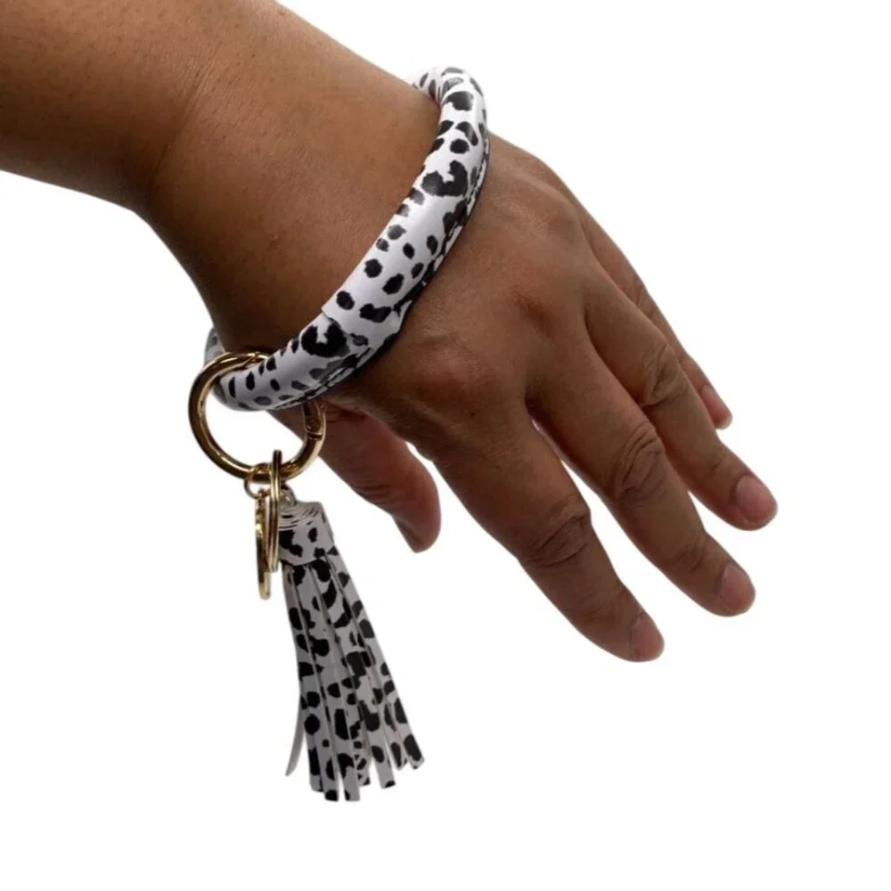 White Leopard Print Leather Tassel Bangle Keychain W/ Gold Charm & Ring Wrislet‎